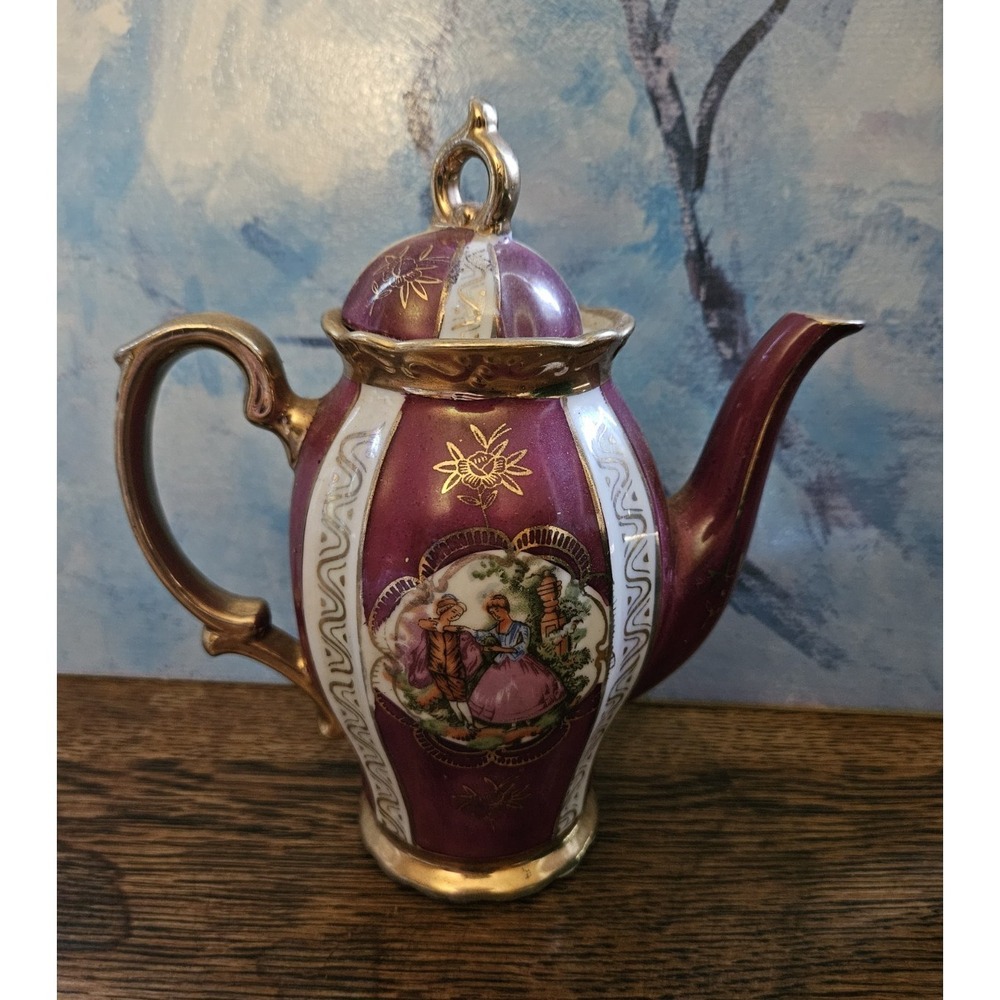 Vintage Porcelain Teapot Fragonard Courting Couple Maroon Gold Gilt Trim